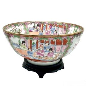 Chinese Famille Rose Centerpiece Bowl Qing Tongzhi Mark With Wood Display Stand